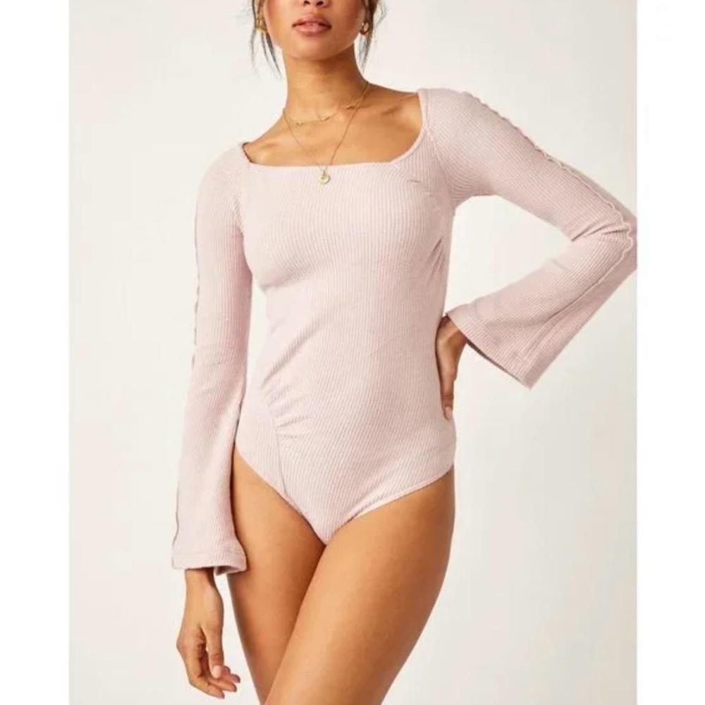 Free People Blush Pink Ribbed Square-Neck Long Sleeve Bodysuit